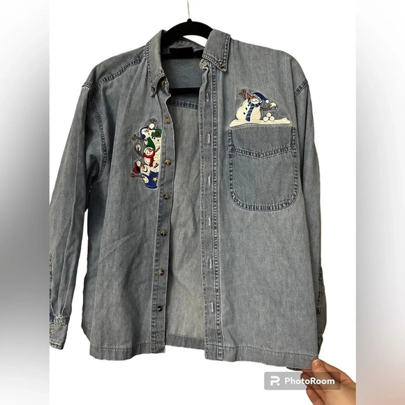 Vintage Snowman Embroidered Denim Button Down Womens Sz Small Winter Christmas - Picture 1 of 5